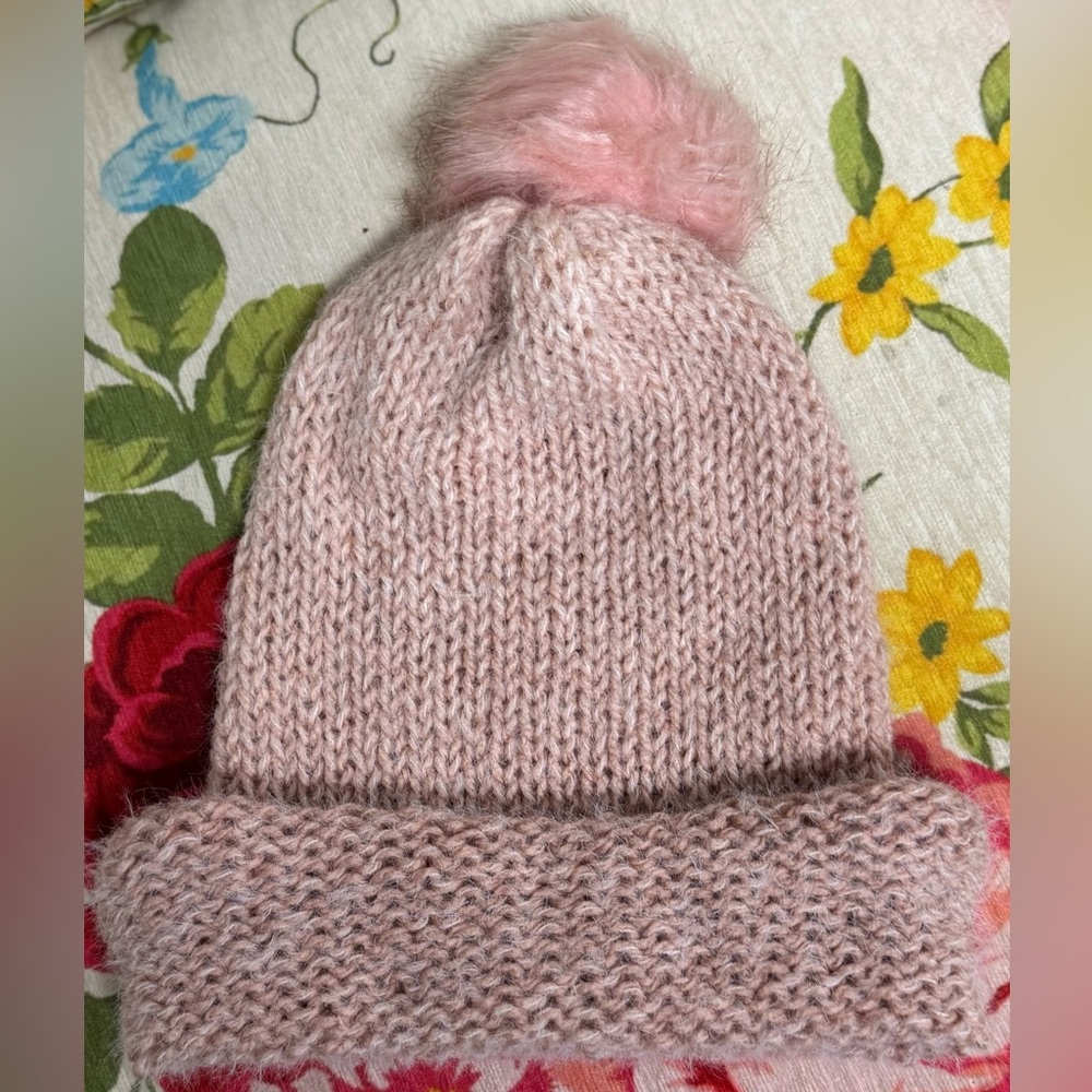 Handmade Hand Crafted Knit Slouchy Hat with Fur Pompom Pink